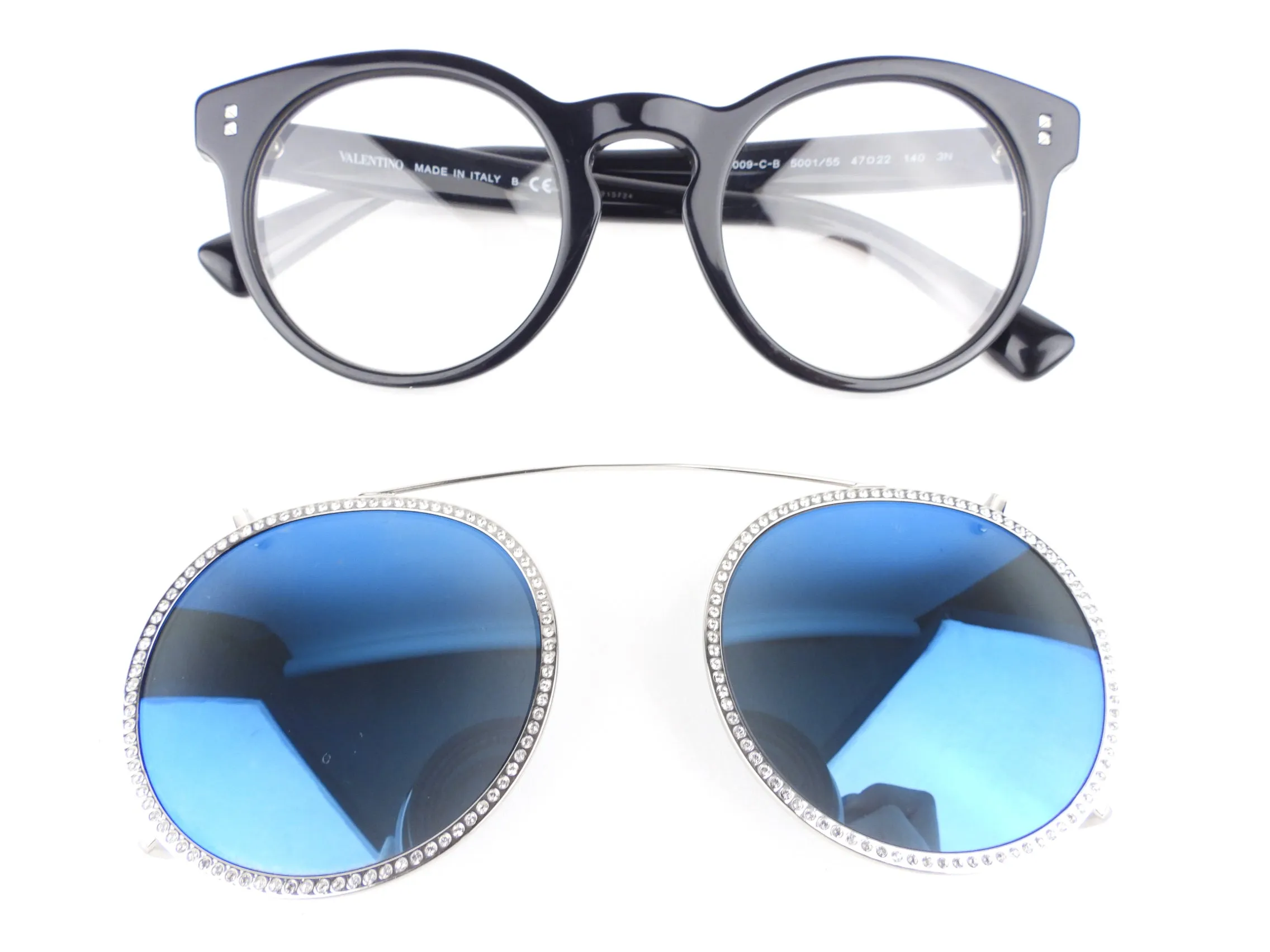 Valentino Black Clear and Blue Clip-On Convertible Lense Rhinestone Sunglasses Eyewear