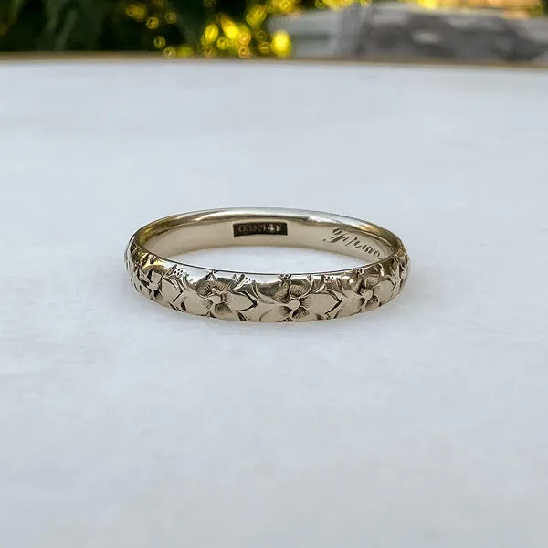 Vintage Patterned White Gold Wedding Band, Size 6 1/2