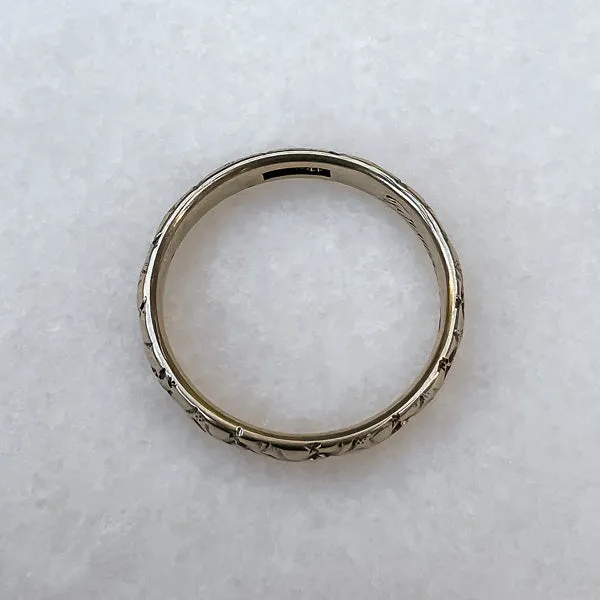 Vintage Patterned White Gold Wedding Band, Size 6 1/2