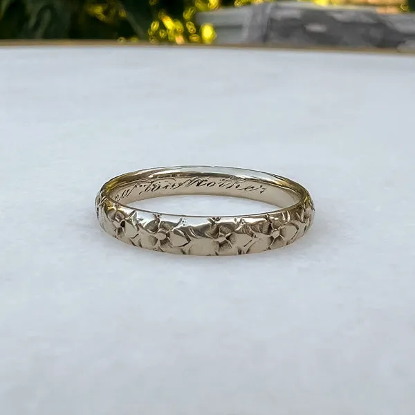 Vintage Patterned White Gold Wedding Band, Size 6 1/2