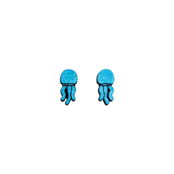 Wooden Jellyfish Earrings - Blue